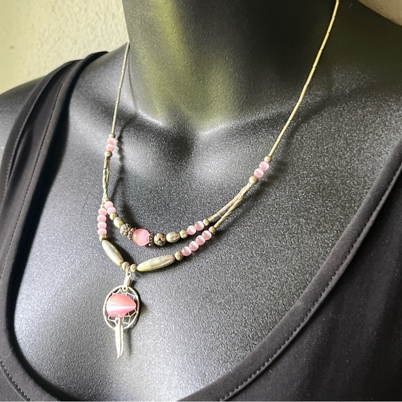 Vintage Native American Pink Bear Dream Catcher 925 Silver Beaded Necklace 18” - Picture 6 of 7